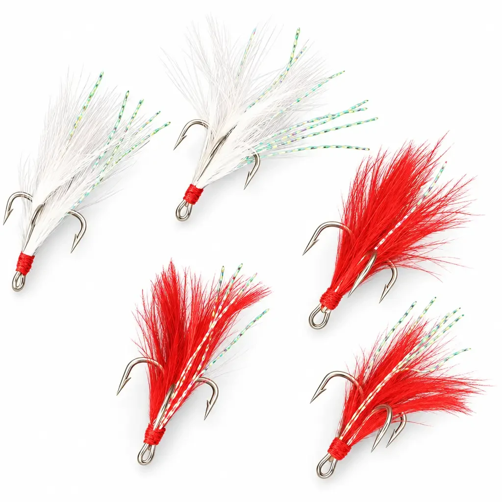 Treble Hook with Feathers Red White Size 2-10 (Pack of 5)